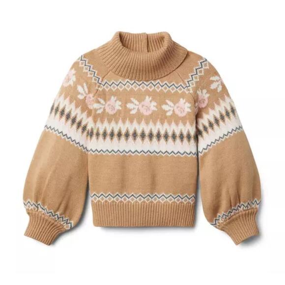 Janie And Jack CHOCOLATE MALT FAIR ISLE FLOWERS SWEATER Girls Sz 12 - Picture 1 of 7
